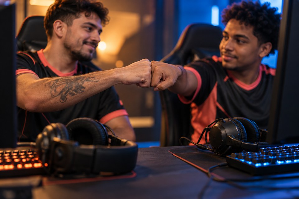 Cena criada com IA: companheiros de equipe se cumprimentando