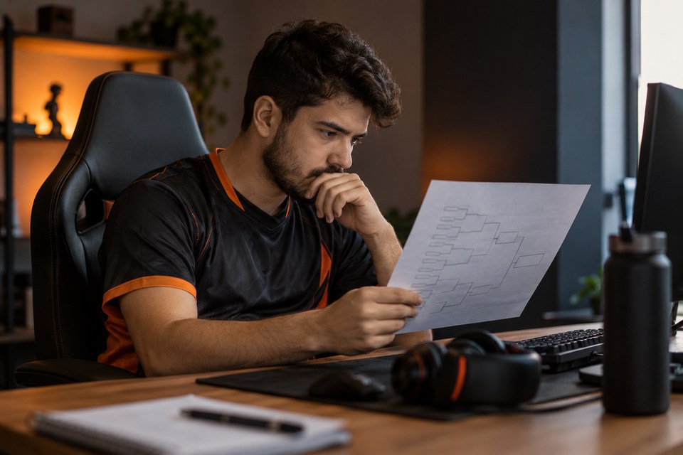 Capitão de equipe revisando uma chave de torneio