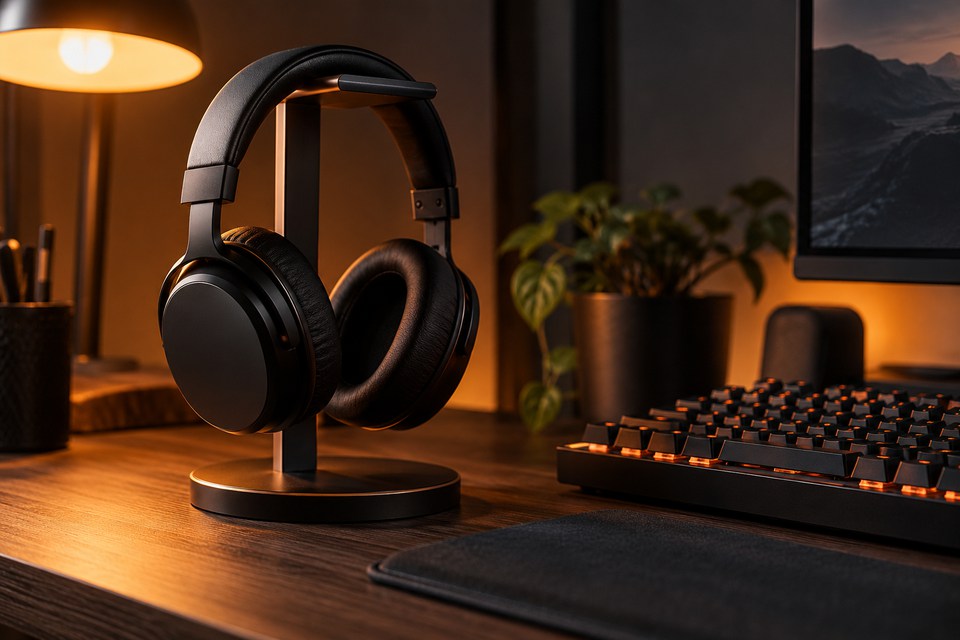 Headset e teclado em uma mesa de treino