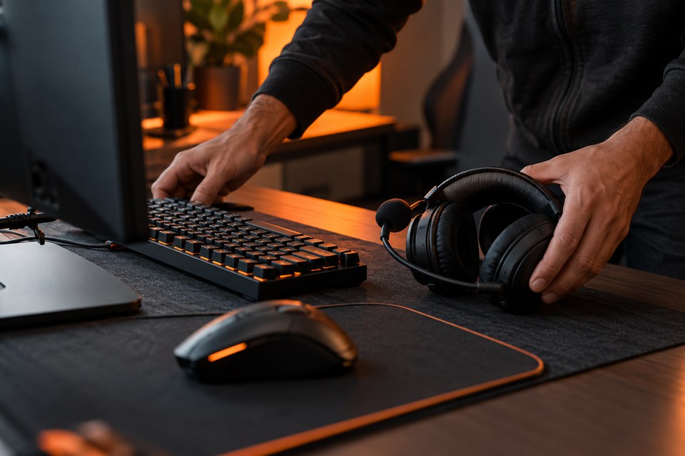 Preparação de teclado, mouse e headset antes do treino Preparação de teclado, mouse e headset antes do treino