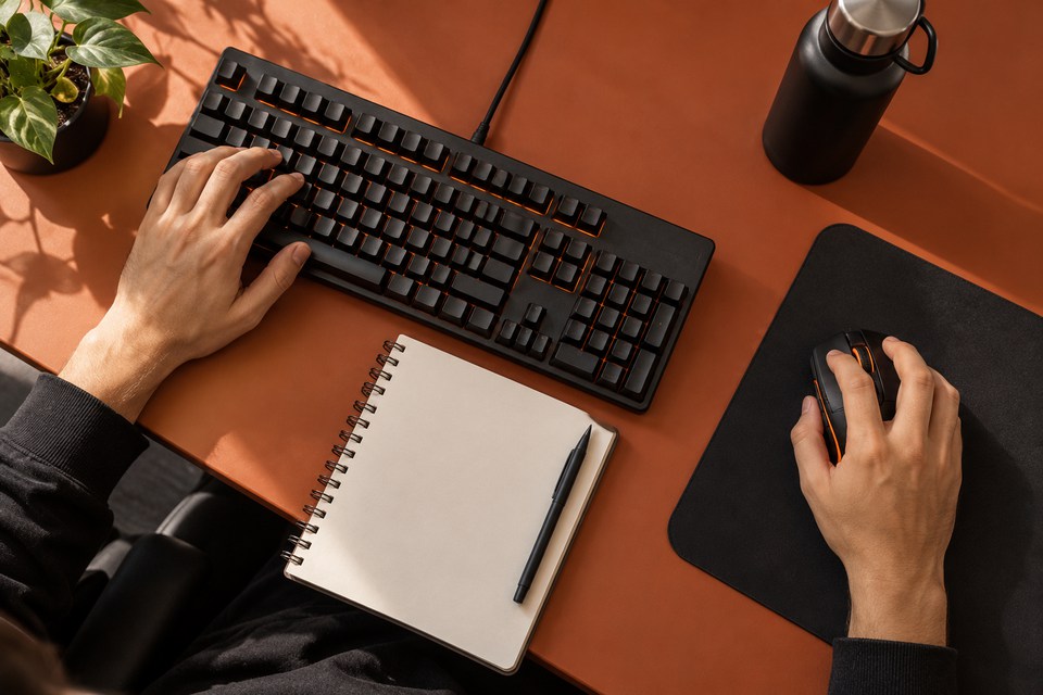 Acessórios de jogo e caderno organizados