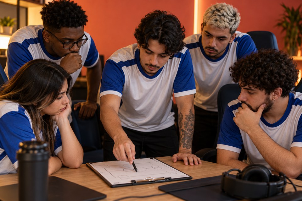 Cena criada com IA: equipe adulta planejando a participação